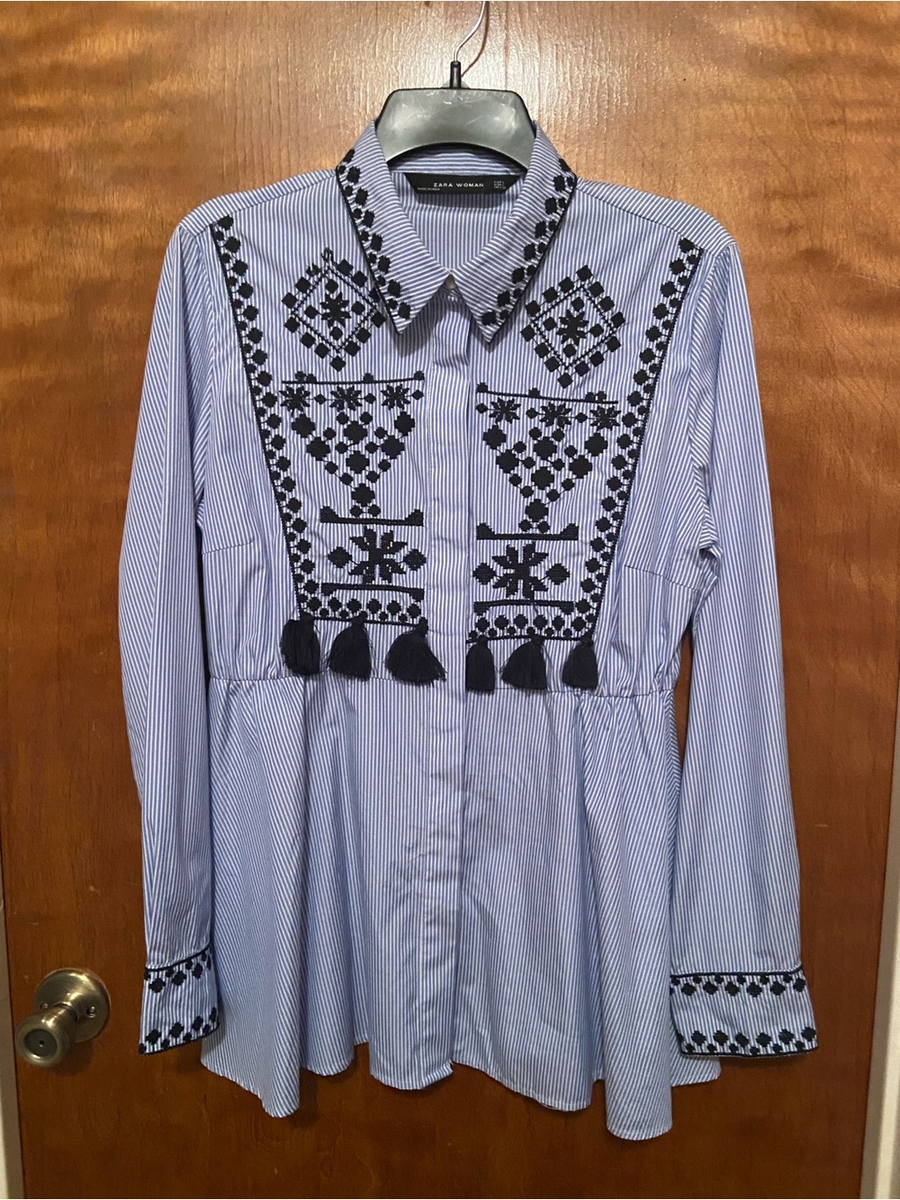 Zara Women Blue and White Button Down Shirt